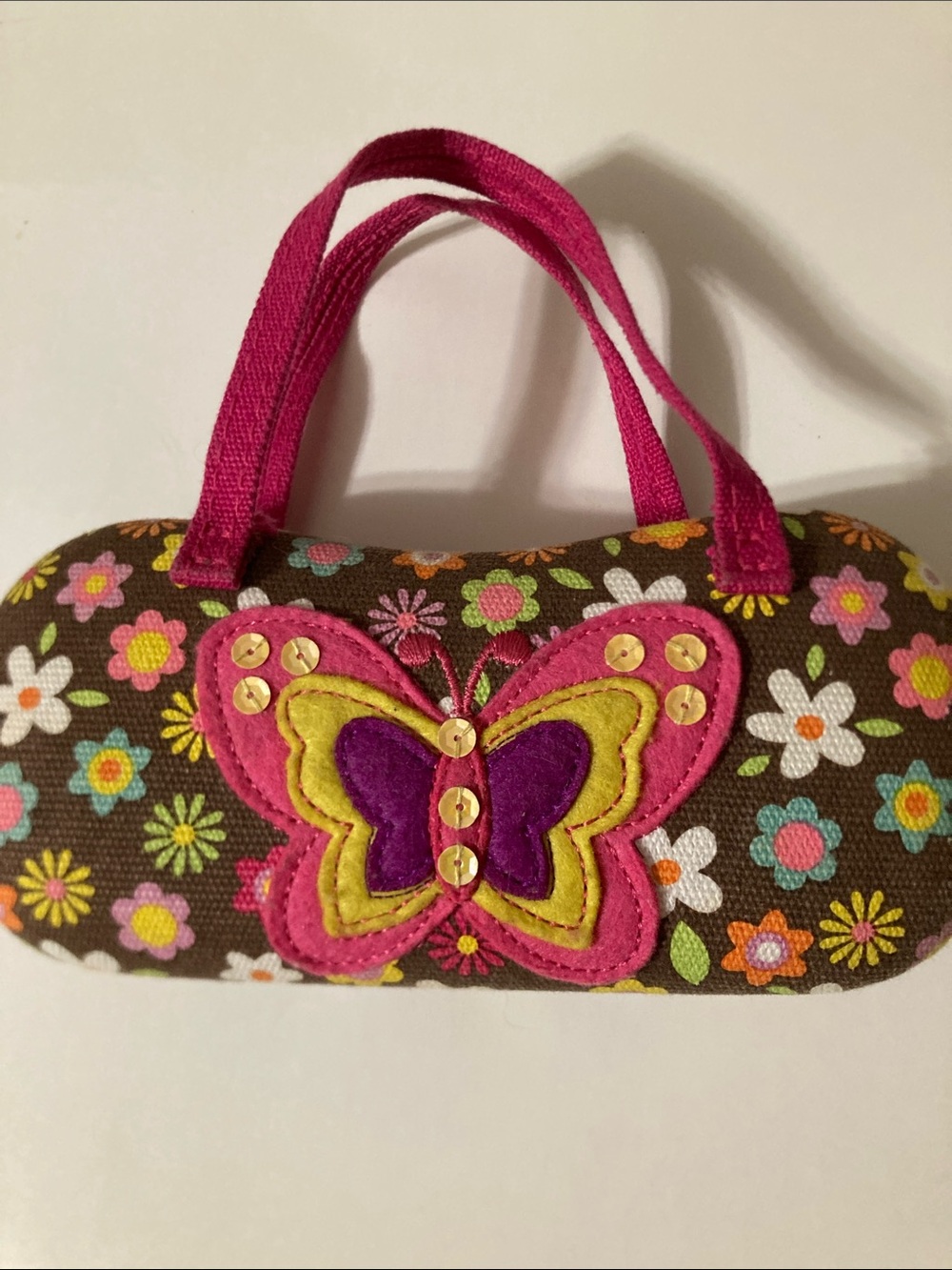 Floral Brown Cosmetic Case with Pink Butterfly Applique
